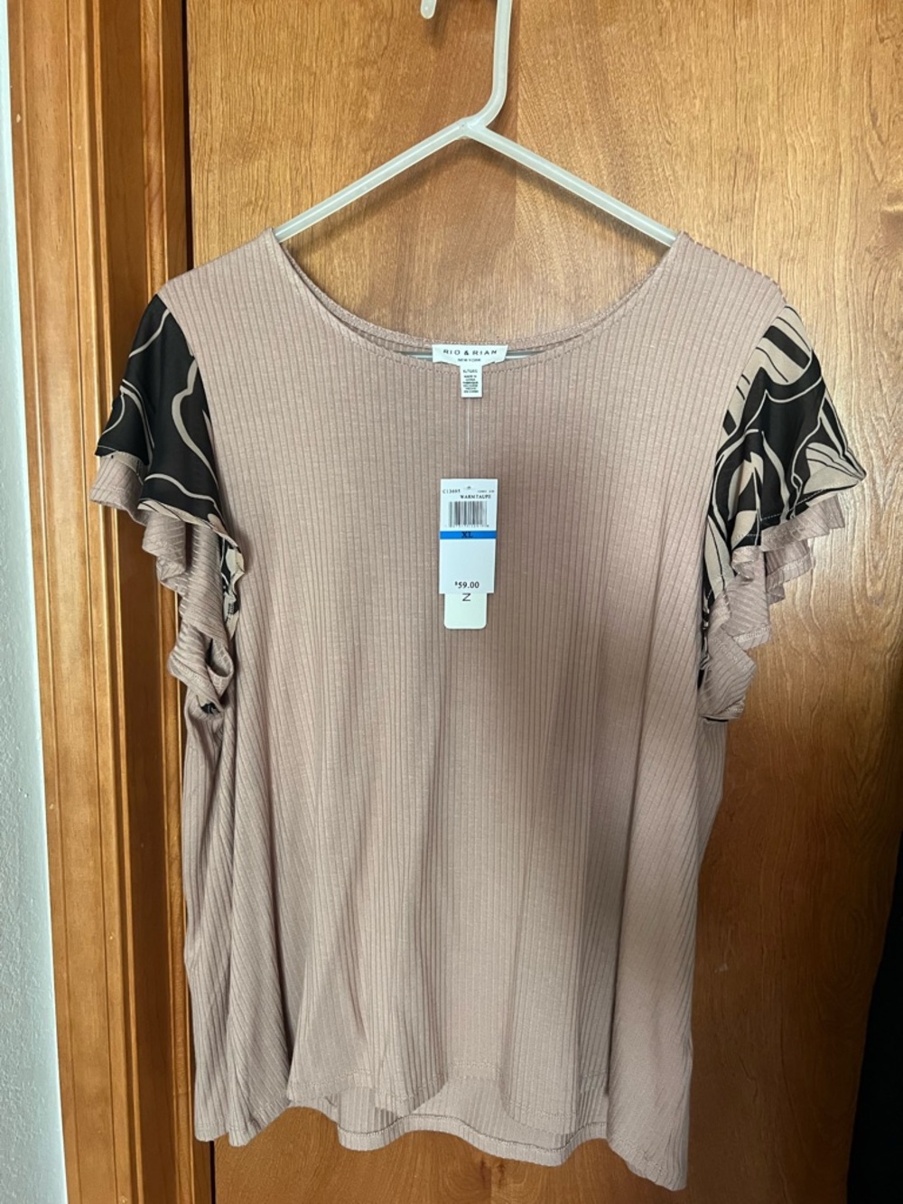 Ribbed Taupe Top with Printed Ruffle Sleeves